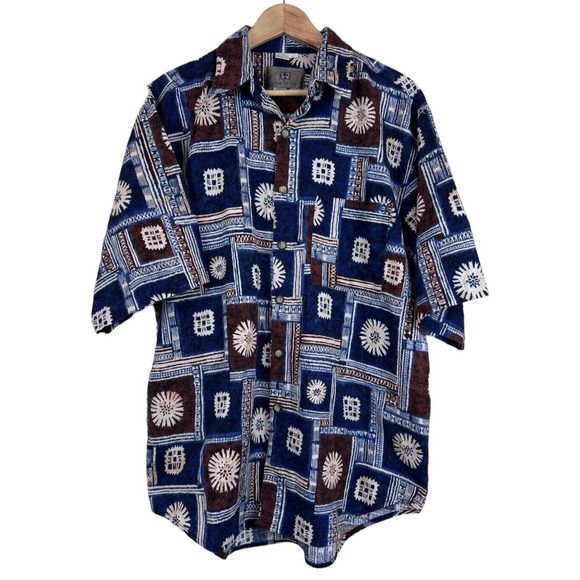 The Territory Ahead Aztec Tribal Button Up Short Sleeve Shirt 100% Cotton Size L - Picture 1 of 4